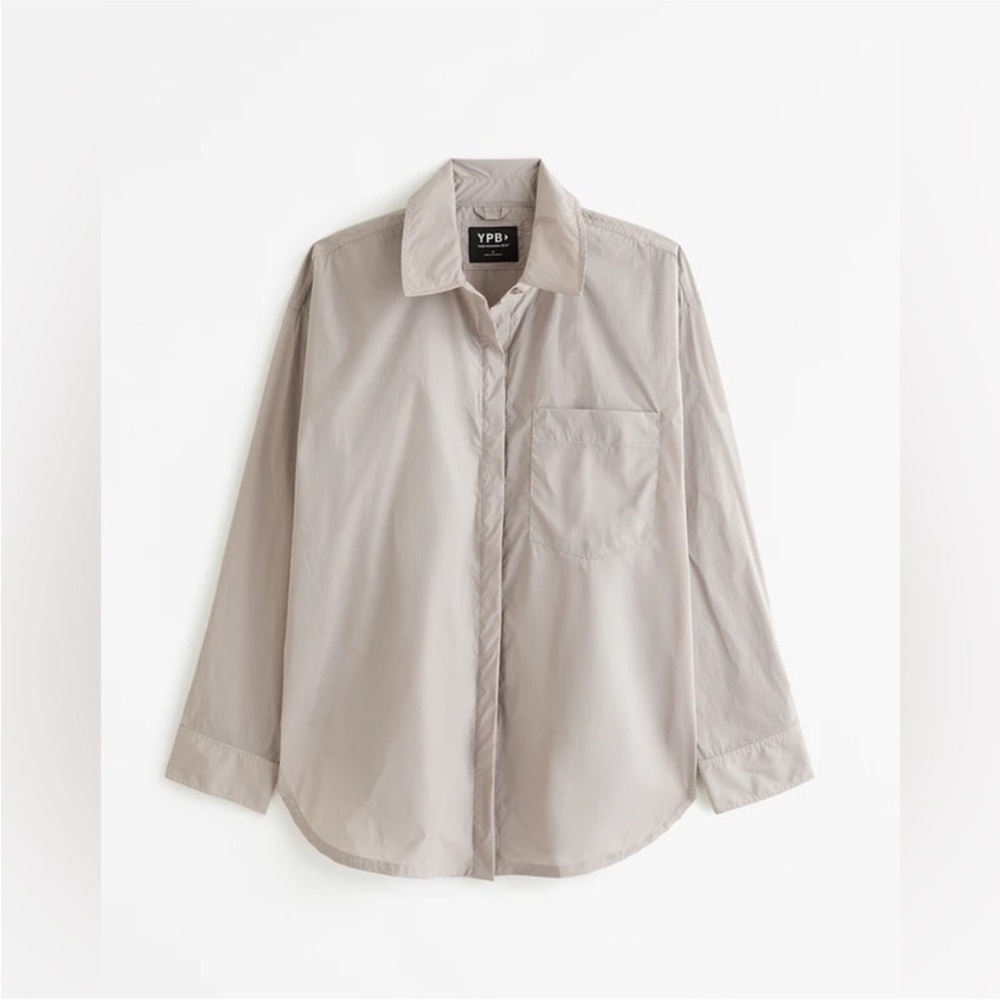 NWT YPB Abercrombie & Fitch Crinkle Nylon Button-Up Shirt in Taupe